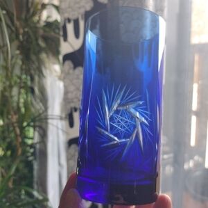 VTG Bohemian Crystal Cut to Clear Cobalt Blue Pinwheel Tumbler Glass 5.5" Tall
